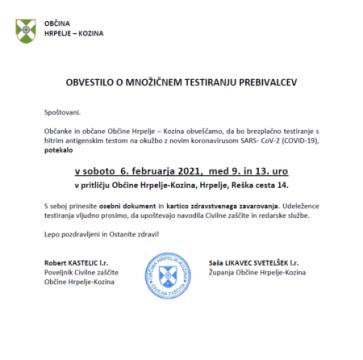 Obvestilo o množičnem testiranju prebivalcev 6. 2. 2021
